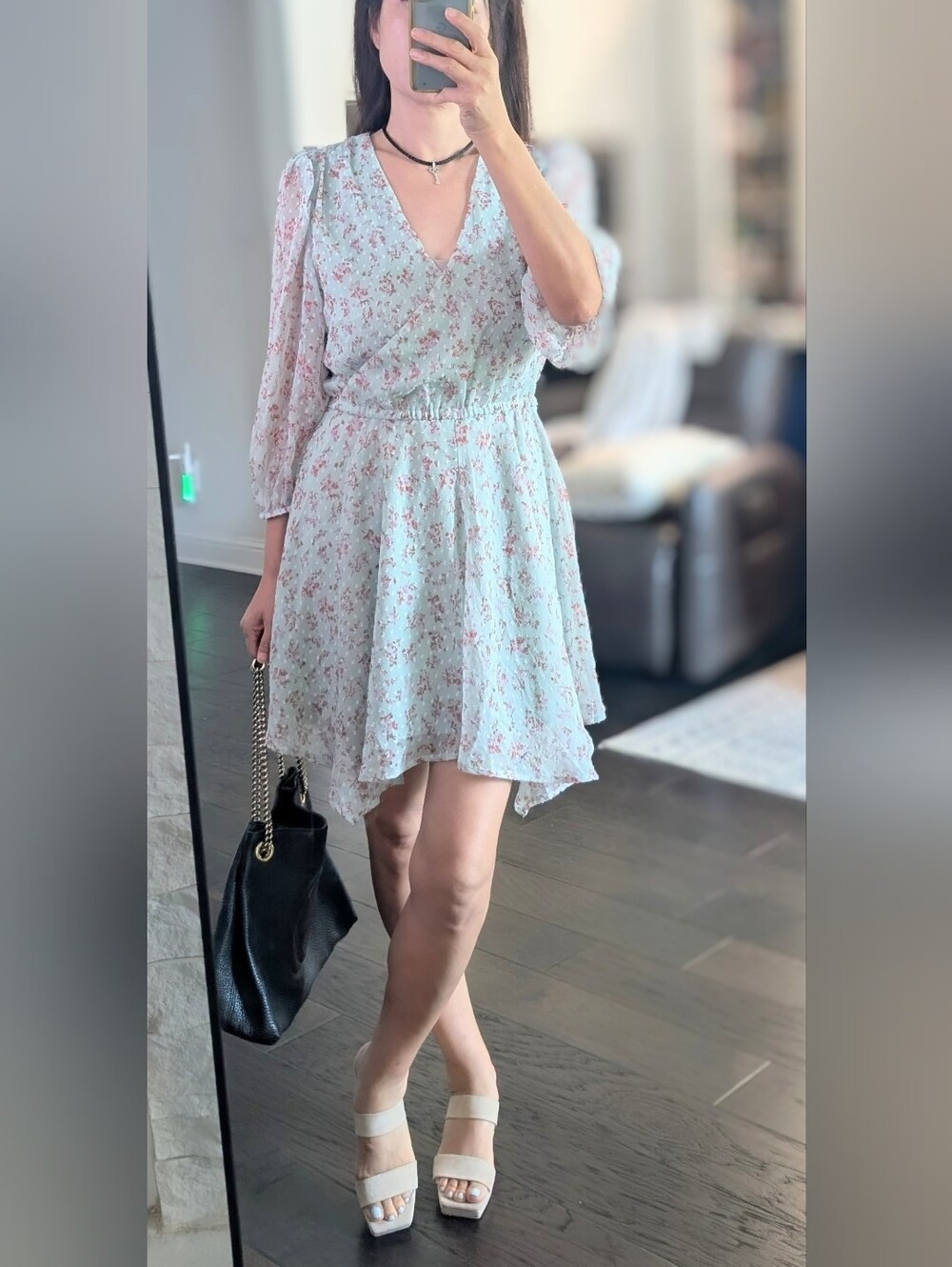 Walter Baker Light Blue Floral V-Neck Surplus  Mini Dress